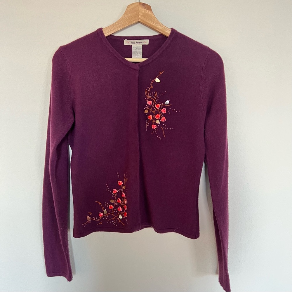 Free People Beaded Embroidered Cropped Cardigan Purple Size Medium Vintage Y2K